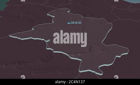 Zoom in on Sidi Bou Zid (governorate of Tunisia) extruded. Oblique perspective. Colored and bumped map of the administrative division with surface wat Stock Photo