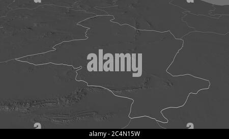 Zoom in on Sidi Bou Zid (governorate of Tunisia) outlined. Oblique perspective. Bilevel elevation map with surface waters. 3D rendering Stock Photo