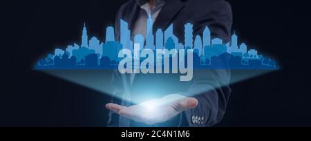 Unrecongizable Architect Holding City Model On Blue Background, Panorama, Collage Stock Photo