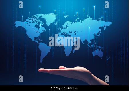 Global technologies. Collage with male hand, world map and computer binary code on blue background Stock Photo