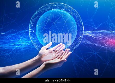 Collage of young guy holding globe surrounded by worldwide communications network, blue background Stock Photo