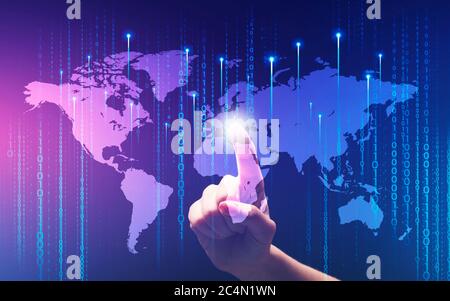 Contemporary technologies. Collage with woman touching virtual screen, world map and binary code digits Stock Photo