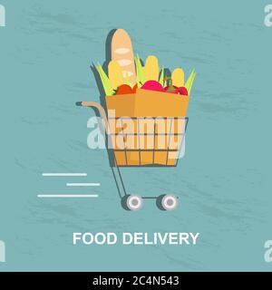 Supermarket trolley with fresh food in paper bag Stock Vector