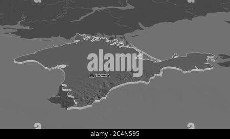 Zoom in on Crimea (autonomous republic of Ukraine) extruded. Oblique perspective. Bilevel elevation map with surface waters. 3D rendering Stock Photo