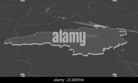 Zoom in on Kirovohrad (region of Ukraine) extruded. Oblique perspective. Bilevel elevation map with surface waters. 3D rendering Stock Photo