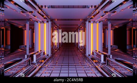 Illuminated futuristic corridor with yellow laser lights Stock Photo