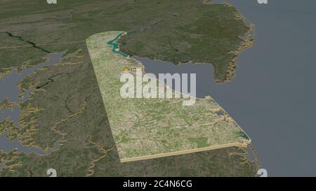 Zoom in on Delaware (state of United States) outlined. Oblique ...