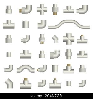 Set of various fittings and connections for plastic pipes, isolated on white background. Front view, vector illustration. Stock Vector
