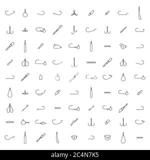 Big set of spinning fishing accessories and tackles from thin lines. Various jig heads, lead sinkers, hooks, snaps hooked and swivels, vector illustra Stock Vector