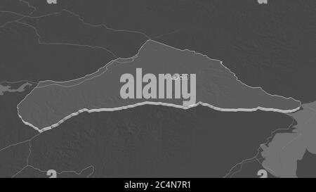 Zoom in on Cerro Largo (department of Uruguay) extruded. Oblique perspective. Bilevel elevation map with surface waters. 3D rendering Stock Photo