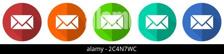 Email icon set, envelope, red, blue, green and orange flat design web buttons isolated on white background, vector illustration Stock Vector