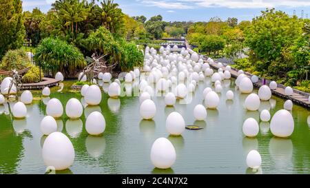 Floating eggs on Dragonfly Lake, one of the exhibition installed in Future Together event at Gardens by the Bay, created by Japanese art teamLab Stock Photo