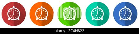 Alarm icon set, red, blue, green and orange flat design web buttons isolated on white background, vector illustration Stock Vector