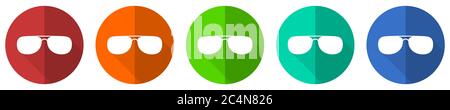 Sun glasses, sunglasses icon set, red, blue, green and orange flat design web buttons isolated on white background, vector illustration Stock Vector