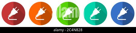 Plug icon set, red, blue, green and orange flat design web buttons isolated on white background, vector illustration Stock Vector