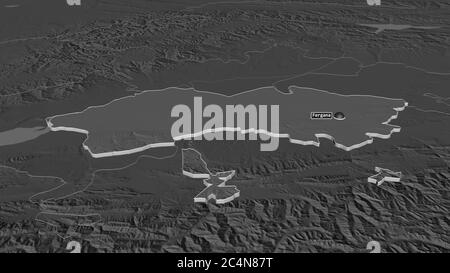 Zoom in on Ferghana (region of Uzbekistan) extruded. Oblique perspective. Bilevel elevation map with surface waters. 3D rendering Stock Photo