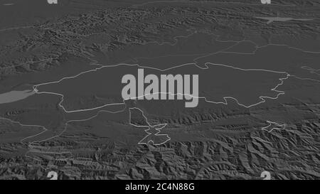 Zoom in on Ferghana (region of Uzbekistan) outlined. Oblique perspective. Bilevel elevation map with surface waters. 3D rendering Stock Photo