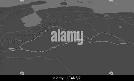 Zoom in on Barinas (state of Venezuela) outlined. Oblique perspective. Bilevel elevation map with surface waters. 3D rendering Stock Photo