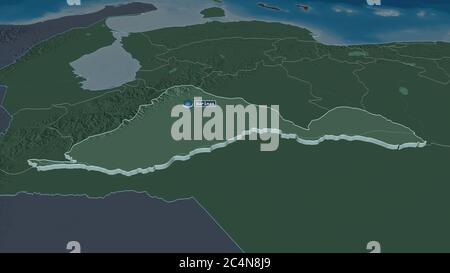 Zoom in on Barinas (state of Venezuela) extruded. Oblique perspective. Colored and bumped map of the administrative division with surface waters. 3D r Stock Photo