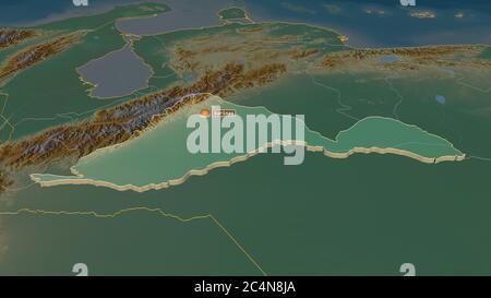 Zoom in on Barinas (state of Venezuela) extruded. Oblique perspective. Topographic relief map with surface waters. 3D rendering Stock Photo