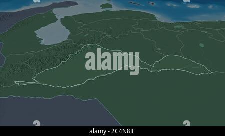 Zoom in on Barinas (state of Venezuela) outlined. Oblique perspective. Colored and bumped map of the administrative division with surface waters. 3D r Stock Photo