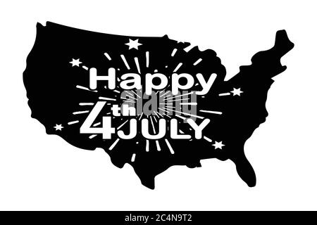 Happy 4th July with Fireworks over American Map. Independence Day Federal Holiday of the United States of America USA US.  Black Poster Illustration I Stock Vector