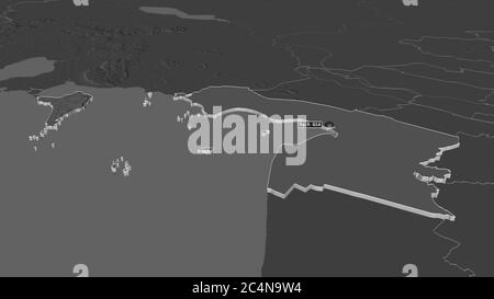 Zoom in on Kiên Giang (province of Vietnam) extruded. Oblique perspective. Bilevel elevation map with surface waters. 3D rendering Stock Photo