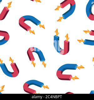 Magnet icon in flat style. Attract vector illustration on white isolated background. Electromagnetic seamless pattern business concept. Stock Vector