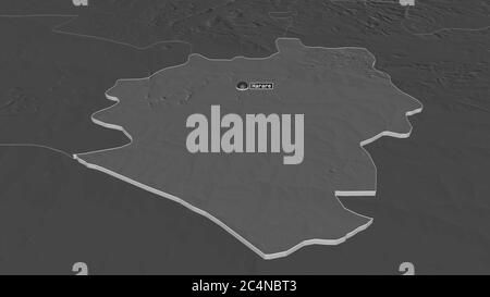 Zoom in on Harare (city of Zimbabwe) extruded. Oblique perspective. Bilevel elevation map with surface waters. 3D rendering Stock Photo