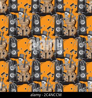 a seamless pattern of a skeleton with wings in a hat plays a double bass music dynamics notes on an orange background. Vector image Stock Vector