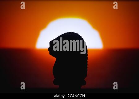 Silhouette Chess pieces knights isolated on sunrise background. Confrontation of chess pieces.Chess pieces knights head. Stock Photo