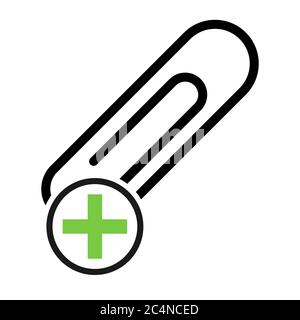 Paper clip with green plus, black color isolated on white background. School element vector . Stock Vector