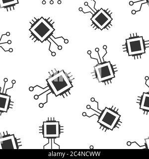 Computer chip icon in flat style. Circuit board vector illustration on white isolated background. Cpu processor seamless pattern business concept. Stock Vector