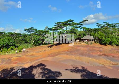 Main sight of Mauritius island. Unusual volcanic formation seven colored earths in Chamarel. Stock Photo