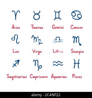 Set of hand drawn horoscope inscriptions and zodiak sighs. Vector illustration Stock Vector