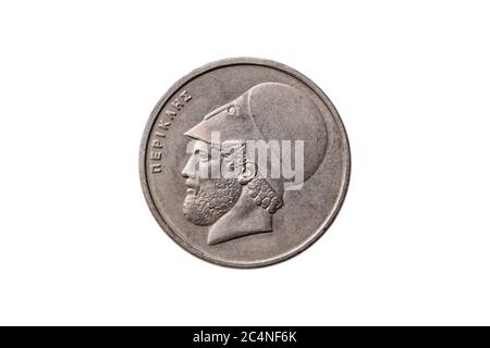 Greek 20 Drachma coin dated 1982 with a portrait image of  Pericles (495 – 429 BC) cut out and isolated on a white background Stock Photo