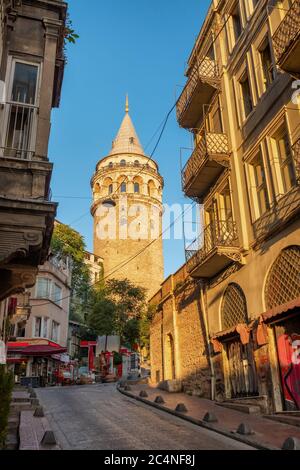 Street view at Galata Tower in the Old Town of Istanbul, Turkey Stock Photo