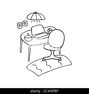Workplace. Computer on the table and a chair for work. Cozy cabinet for online training, work from home, education. Hand drawn doodle vector illustrat Stock Vector