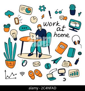 Work From Home Illustration Set Vector. Hand Drawn Flat Home And Business Icons. Stock Vector