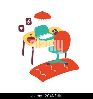 Workplace. Computer on the table and a chair for work. Cozy cabinet for online training, work from home, education. Hand drawn flat vector illustratio Stock Vector