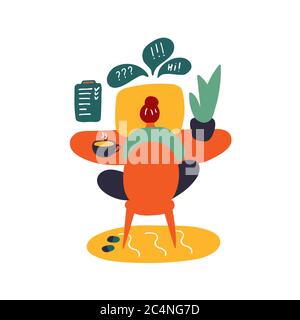 Girl sitting at computer. Online training, work from home, online courses, video conferencing, online meetings. Communication on the Internet, social Stock Vector
