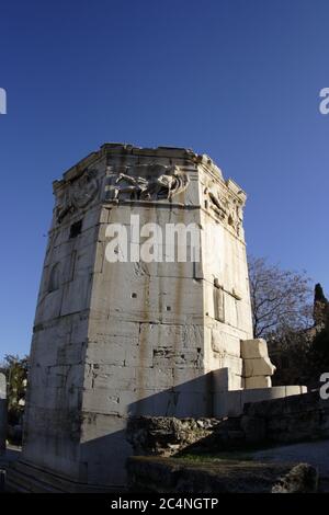 The Tower of the Winds, the Horologion of Andronikos Kyrrhestes, in the Roman Agora, Athens, Greece Stock Photo