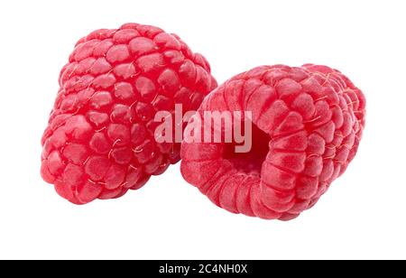 Two raspberries isolated on white background. Fresh raspberry isolate side view. Red berry closeup. Stock Photo