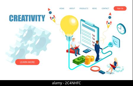 Creativity in business concept. Isometric vector of businesspeople team working cooperating having startup partnership. Stock Vector