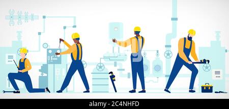 Plumber service concept. Vector of construction team installing or repairing home heating supply system in the basement Stock Vector