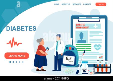 Diabetes management concept. Vector of a doctor giving consultation to a diabetes mellitus type 1 patient on how to keep under control blood glucose l Stock Vector