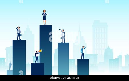 Personal growth, competition and leadership concept. Vector of a business team and partners standing on charts of different heights Stock Vector