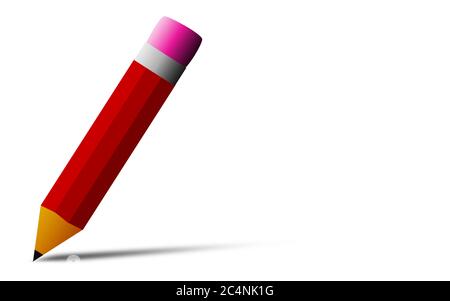 Red pencil with eraser isolated, 3D rendering Stock Photo