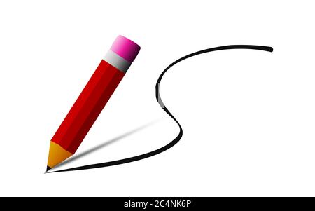 Red pencil with eraser isolated, 3D rendering Stock Photo
