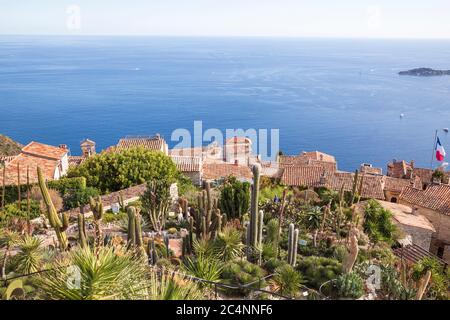 Cacti in the Èze Botanical Garden & View of the Mediterranean Sea. Stock Photo